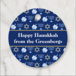 Hanukkah Dreidel Menorah Blue Custom Party Favour Tags<br><div class="desc">Beautiful Hanukkah party favour tags in pretty blue with a cool pattern of Judaism star,  dreidel for fun Chanukah games,  and the Jewish menorah for the holiday. Customise your gifts with your family name.</div>