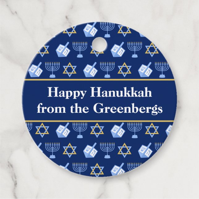 Hanukkah Dreidel Menorah Blue Custom Party Favour Tags (Front)