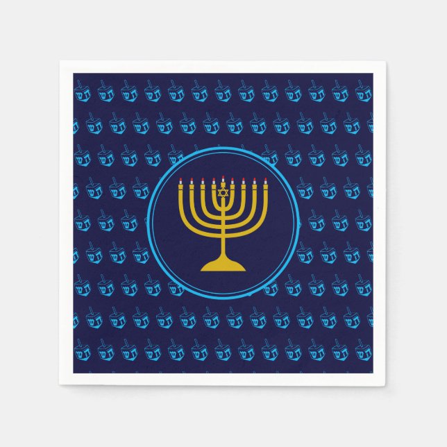 HANUKKAH | Dreidel Menorah BLUE Paper Napkin (Front)