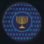 HANUKKAH Dreidel Menorah Israeli Blue Silver Paper Plate<br><div class="desc">Celebrate your faith loud and proud during the HANUKKAH season with this stylish midnight blue and cyan dreidel party plate. The design shows a gold coloured menorah at the centre, set against a cyan blue dreidel pattern with mid blue background.This plate is suitable for any Jewish-themed event, whether planned or...</div>