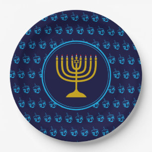 HANUKKAH Dreidel Menorah Israeli Blue Silver Paper Plate
