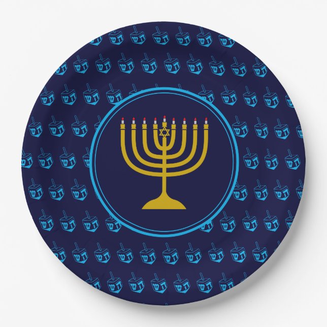 HANUKKAH Dreidel Menorah Israeli Blue Silver Paper Plate (Front)