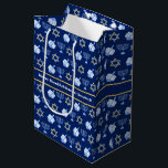 Hanukkah Dreidel Menorah Pattern Blue Custom Party Medium Gift Bag<br><div class="desc">Beautiful Hanukkah gift bag in a dark blue star shape with a cool pattern of Judaism star,  dreidel,  and the Jewish menorah for the Chanukah holiday. Customise this design with your family name.</div>