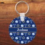 Hanukkah Dreidel Menorah Pattern Blue Personalised Key Ring<br><div class="desc">Beautiful Hanukkah keychain in pretty blue with a cool pattern of Judaism star,  dreidel for fun Chanukah games,  and the Jewish menorah for the holiday.</div>