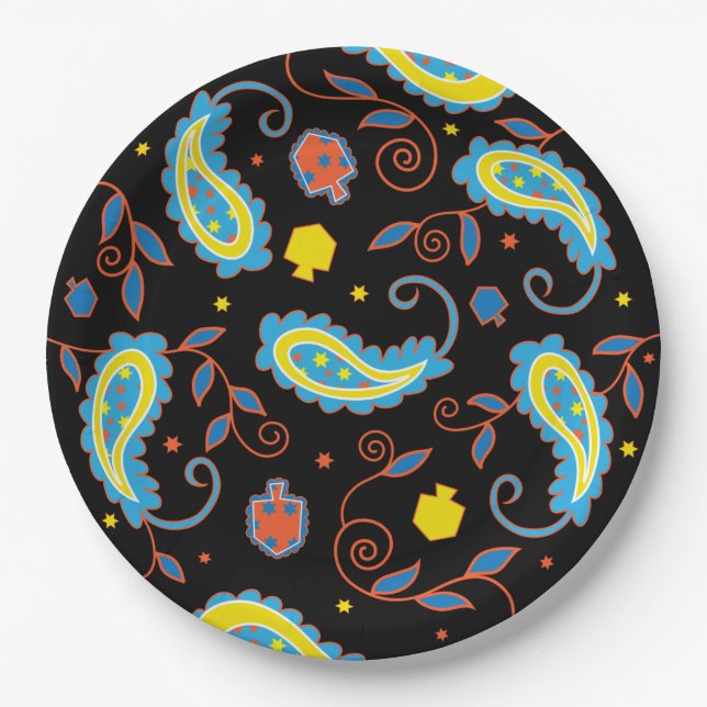 Hanukkah Dreidel Paisley Design Paper Plate (Front)