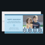 Hanukkah Dreidel Photo Card<br><div class="desc">A spinning dreidel shows shin,  hey,  gimel and nun on this Hanukkah photo card with your own photo right above. The subtle Star of David background enhances your personalised message accented by another Star of David. Available in alternate colours with matching products.</div>