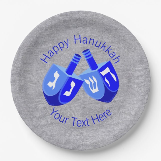 Hanukkah Dreidels Blue Festival of Lights Party Paper Plate (Front)