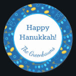 Hanukkah Dreidels Classic Round Sticker<br><div class="desc">These fabulous gift tags would look great on all your Hanukkah gifts.  They are so festive with their pattern with dreidels,  menorahs,  Stars of David,  and gelt.  Trendy yet traditional.  And,  they are customisable with your family name.</div>