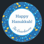 Hanukkah Dreidels Classic Round Sticker<br><div class="desc">These fabulous gift tags would look great on all your Hanukkah gifts.  They are so festive with their pattern with dreidels,  menorahs,  Stars of David,  and gelt.  Trendy yet traditional.  And,  they are customisable with your family name.</div>