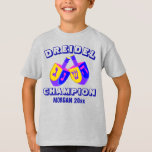 Hanukkah Dreidels Colourful Funny Dreidel Champ T-Shirt<br><div class="desc">Someone in the family is the DREIDEL CHAMPION - award them with this funny personalised shirt! The space for a name and optional year is easy to personalise; both Dreidel and Champion can also be customised. The open style font in dark blue allows my unique and extremely colourful Hanukkah Dreidels...</div>