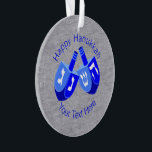 Hanukkah Dreidels In Blue Cute Kids Chrismukkah Ornament<br><div class="desc">The Chrismukkah tradition is about love of family and blending two holidays into memories that embrace both beliefs. This Happy Hanukkah ornament with double Dreidels in bold colours of vivid blue and crisp white set on a faux silver background will look good on a Hanukkah bush, a Christmas tree or...</div>