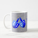 Hanukkah Dreidels In Blue Kids Add Your Name Fun Coffee Mug<br><div class="desc">This fun Hanukkah mug in vibrant blues against a faux silver background makes a fun gift for kids... and adults. Add your name to this holiday mug using the easy text template, or clear the wording if you like your mugs without text. The original double Dreidel design showing all four...</div>