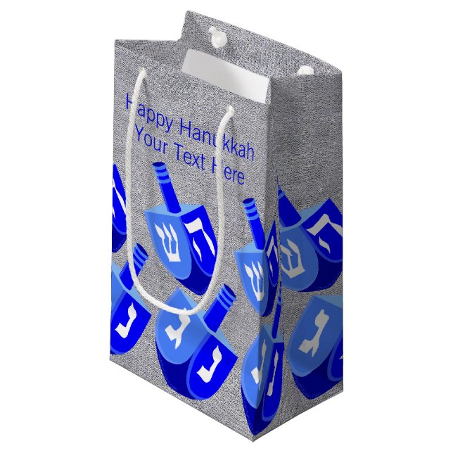 Hanukkah Dreidels In Blue Pattern Small Holiday Small Gift Bag (Front Angled)