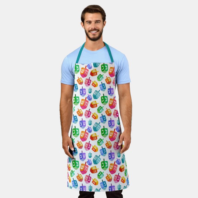 Hanukkah Dreidels Rainbow Watercolor Holiday Apron (Worn)
