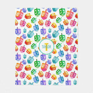 Hanukkah Dreidels Rainbow Watercolor Holiday Fleece Blanket