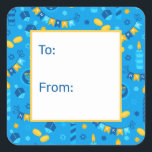 Hanukkah Dreidels To From Square Sticker<br><div class="desc">These fabulous gift tags would look great on all your Hanukkah gifts.  They are so festive with Hanukkah Banners,  menorahs,  gelt,  and blue and gold Stars of David sprinkled all over.  They'll look so amazing on your gifts.</div>