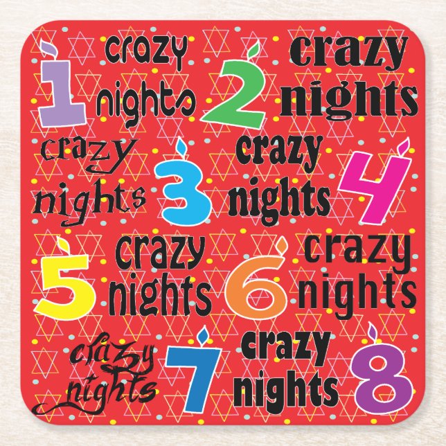 Hanukkah Eight Crazy Nights Red Square Paper Coaster (Front)
