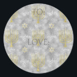 Hanukkah Elegant Stickers (1 1/2"/3")<br><div class="desc">Hanukkah/Elegant Holiday stickers. Choose from 1 1/2" and 3" stickers. Personalise by deleting or replacing, "To: Love" with your own message. Choose your favourite font size, style, and colour. Thanks for stopping and shopping by! Your business is very much appreciated! Happy Hanukkah! Shape: Classic Round Sticker Make your unique style...</div>