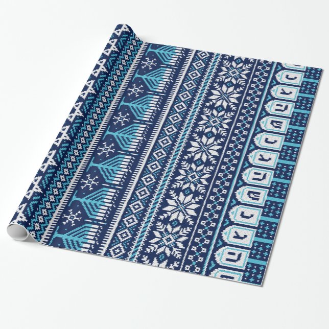 Hanukkah Fair Isle Faux Knit Sweater Wrapping Paper (Unrolled)