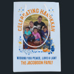 HANUKKAH FAMILY Customisable Photo  Medium Gift Bag<br><div class="desc">Personalizable family HANUKKAH Medium Gift Bag with CUSTOMIZABLE TEXT AND PHOTO. Add your details and upload your vertical photo on the front. The reverse has been left plain for any personal handwritten thank you messages. Design features the arched window design with Hanukkah elements of Star of David, menorah and dreidel....</div>