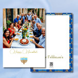 Hanukkah Family Photo Blue Gold  Holiday Card<br><div class="desc">A simple family photo form this personal Hanukkah Greeting card.
A gold ornament is also part of the design. On the reverse the Menorrah is patterned
on a blue background and space for your personal message.
Easily change the photo for your own personal images.</div>