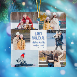 Hanukkah Family Photo Collage Cute Custom 2 Sided Ceramic Ornament