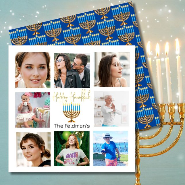 Hanukkah Family Photo Collage Gold Blue Holiday Card (Creator Uploaded)