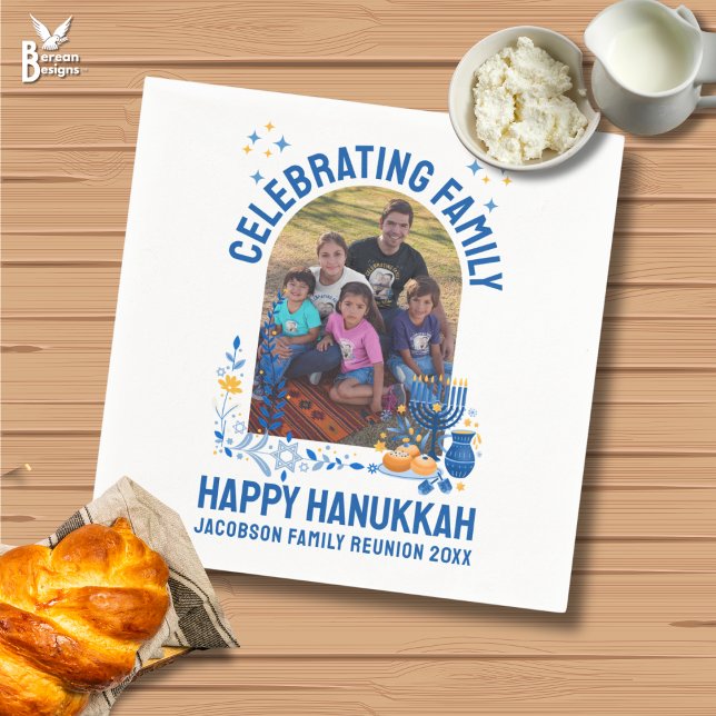 HANUKKAH FAMILY REUNION Customisable Photo  Napkin (Celebrating Family Hanukkah napkins with customizable photo and text. Ideal for Chanukah reunions.)