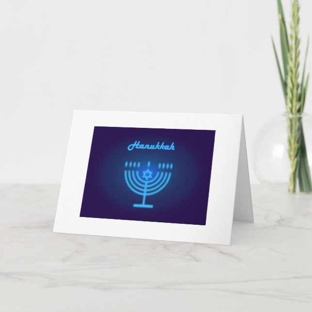 Hanukkah Festival Menorah Blue Neon Lights Symbol Card (Front)
