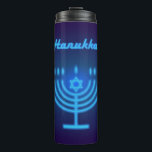 Hanukkah Festival Menorah decoration Thermal Tumbler<br><div class="desc">Happy Hanukkah Festival Menorah decorative blue and gold ornament Thermal Tumbler,  school. Hanukkah Jewish Holiday Trendy design,  blue neon lights Jewish Holiday festive illustration for Home,   Kitchen & Dining,  Drinkware,  Tumblers & Drinking Glasses,  Hanukkah Thermal Tumbler.</div>