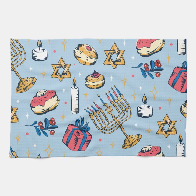 Hanukkah Festival of Lights Pattern Gifts Tea Towel (Horizontal)