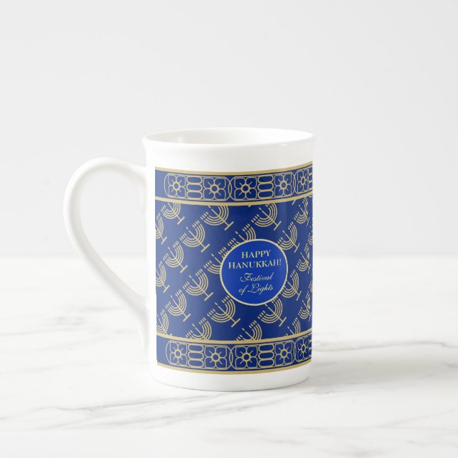 Hanukkah Festival Party Gold Menorah blue pattern Bone China Mug (Left)