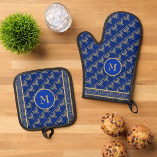 Hanukkah Festival Party Gold Menorah Monogram Oven Mitt & Pot Holder Set