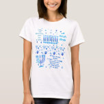Hanukkah Festival Party Trendy Blue Doodle Pattern T-Shirt<br><div class="desc">T-Shirt Design with Happy Hanukkah Party Beautiful Blue Decoration, Jewish Holiday, symbols and lettering. Hanukkah background with Hebrew Lettering and traditional Chanukah symbols - wooden dreidels (spinning top), doughnuts, gold menorah, candles, star of David and glowing lights doodle pattern. Hanukkah Festival Event Decoration. Jerusalem, Israel. Design with Text Template. Personalise...</div>