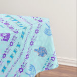 Hanukkah Festival Tablecloth<br><div class="desc">Here's a fun tablecloth for your Hanukkah parties, with hanukkias [menorahs], Star of David motifs, crowns and driedels, and the famous "V'al ha Nissim" in Hebrew, with the other Hanukkah standard "Maoz Tzur" in transliteration. In a variety of oh so Jewish blues and purples, this table covering will spice up...</div>