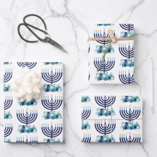 Hanukkah Floral Menorah Wedding Flowers Wrapping Paper Sheet