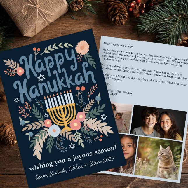 Hanukkah FLorals Hand-drawn Art CUSTOM 4 PHOTO Holiday Card (Hanukkah FLorals Hand-drawn Art CUSTOM 4 PHOTO Holiday Card
)