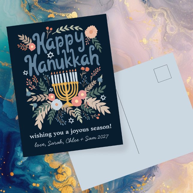 Hanukkah FLorals Hand-drawn Art CUSTOM  Holiday Postcard (Hanukkah FLorals Hand-drawn Art CUSTOM Holiday Postcard
)