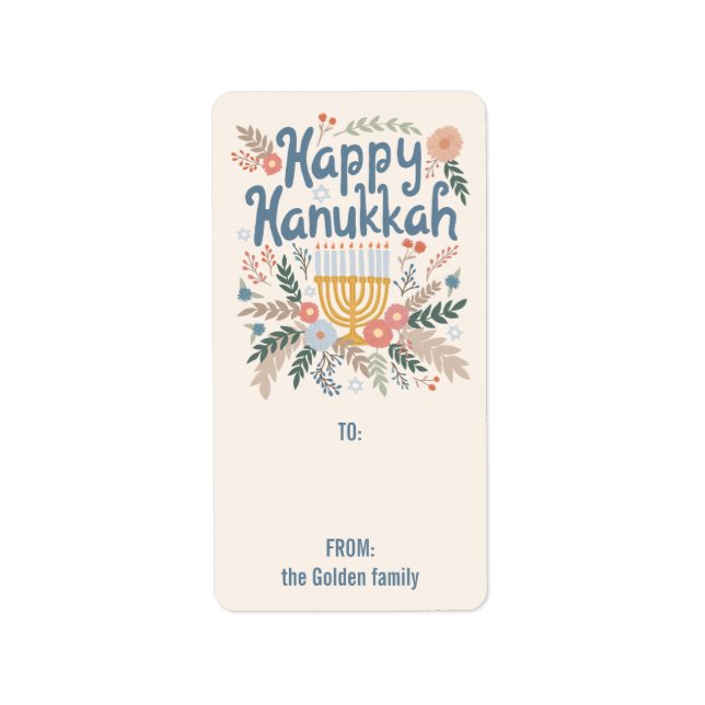 Hanukkah FLorals Hand-drawn CUSTOM TO FROM Gift Label (Front)