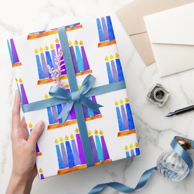 Hanukkah Fun Artsy Blue Boho Pattern Candles White Wrapping Paper (Gifting)