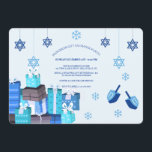 Hanukkah Gift Exchange Party Invitation<br><div class="desc">Start the fun of your Hanukkah party with this delightful invitation featuring dangling Stars of David, presents wrapped in blue, snowflakes and dreidels. (Designed by Freepik). (Designed by Freepik). The card is easy to customise with your wording, font, font colour, paper shape options and choice of six paper types.Not exactly...</div>