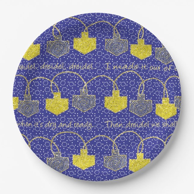 Hanukkah Glittery Dreidels Paper Plate (Front)