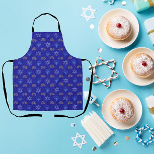 Hanukkah Gold Dreidel Star of David Menorah Blue Apron