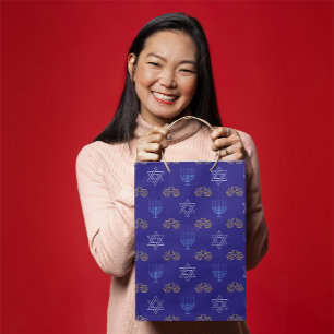 Hanukkah Gold Dreidel Star of David Menorah Blue  Medium Gift Bag