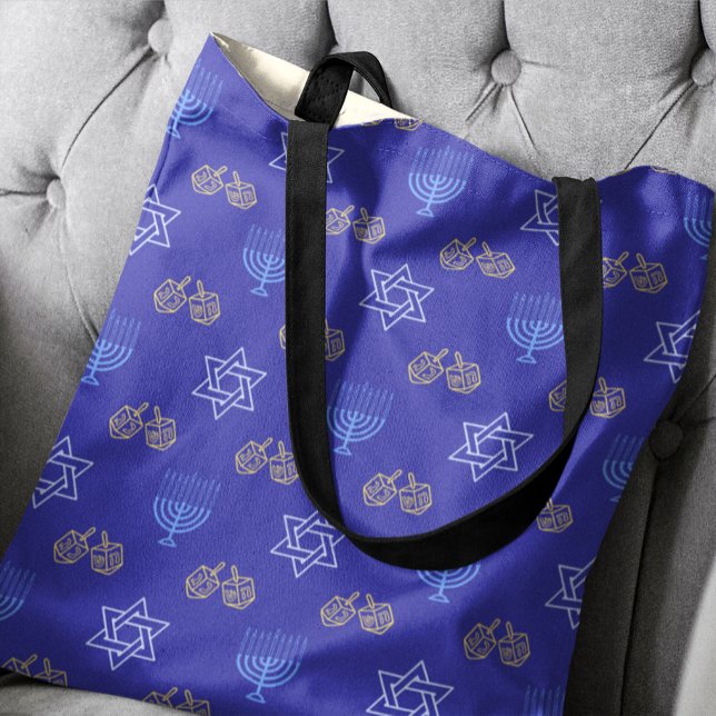 Hanukkah Gold Dreidel Star of David Menorah Blue Tote Bag (Creator Uploaded)
