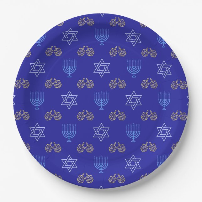 Hanukkah Gold Dreidel Star of David Menorah Paper Plate (Front)