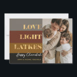 Hanukkah Gold Love Light Latkes Custom Photo Card<br><div class="desc">Our Hanukkah / Chanukah Gold Love Light Latkes Holiday card is an elegant,  classy way to share your Hanukkah/ Chanukah wishes with friends,  family & clients!  With space for you to personalise with your name and Photo.  Enquiries? message us or email bestdresssedbread@gmail.com. Happy Chanukah!!</div>