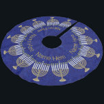 Hanukkah Gold Menorah Family Chrismukkah Brushed Polyester Tree Skirt<br><div class="desc">Personalise this now! This elegant pattern of gold Menorahs on deep faux-sparkly blue will look lovely under your Christmas bush or your Hanukkah tree. Blending holiday traditions doesn't need to be a challenge for interfaith families; embrace them all with love. A Chrismukkah tree skirt with Hanukkah Menorahs along with personalised...</div>