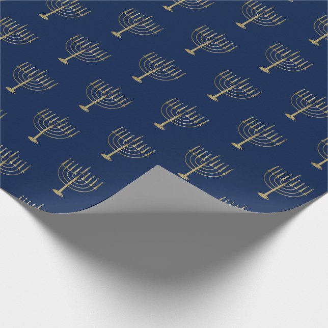 Hanukkah Gold Menorah on Blue Pattern Wrapping Paper (Corner)