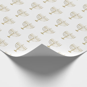 Hanukkah Gold Menorah on White Pattern Wrapping Paper